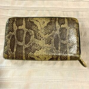 Furla Zip Around Long Wallet Brown Beige Snake Print Leather